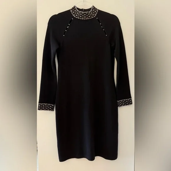 St. John Evening Black Knit Dress with Jewel Embellished Neckline & Cuffs - Picture 3 of 12